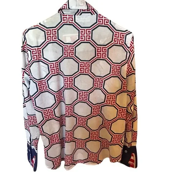 TIZZIE Women’s 100% Cotton Collared Long Sleeve Red White Blue Top Blouse Size M - Picture 8 of 12